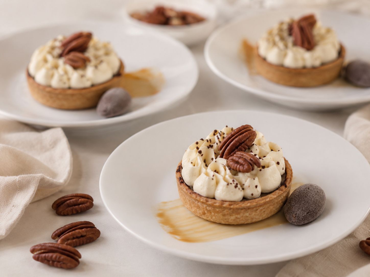 Tartelette ganache légère chocolat & vanille, caramel et noix de pécan